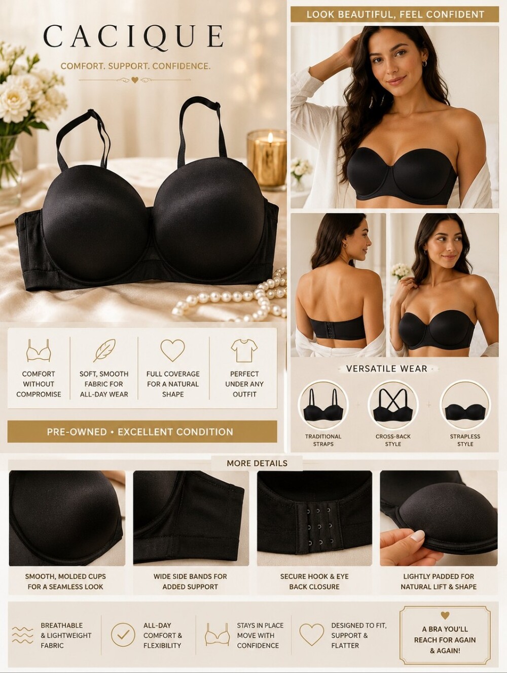 Cacique Black Strapless Bra 42DDD Convertible Comfort Plus Pre-Owned EUC